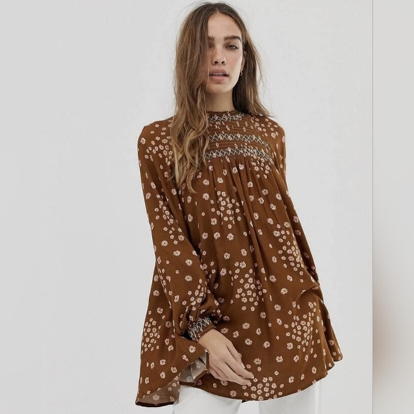 Free People Top XS Brown Flowers In Her Hair Boho Tunic - Picture 4 of 11
